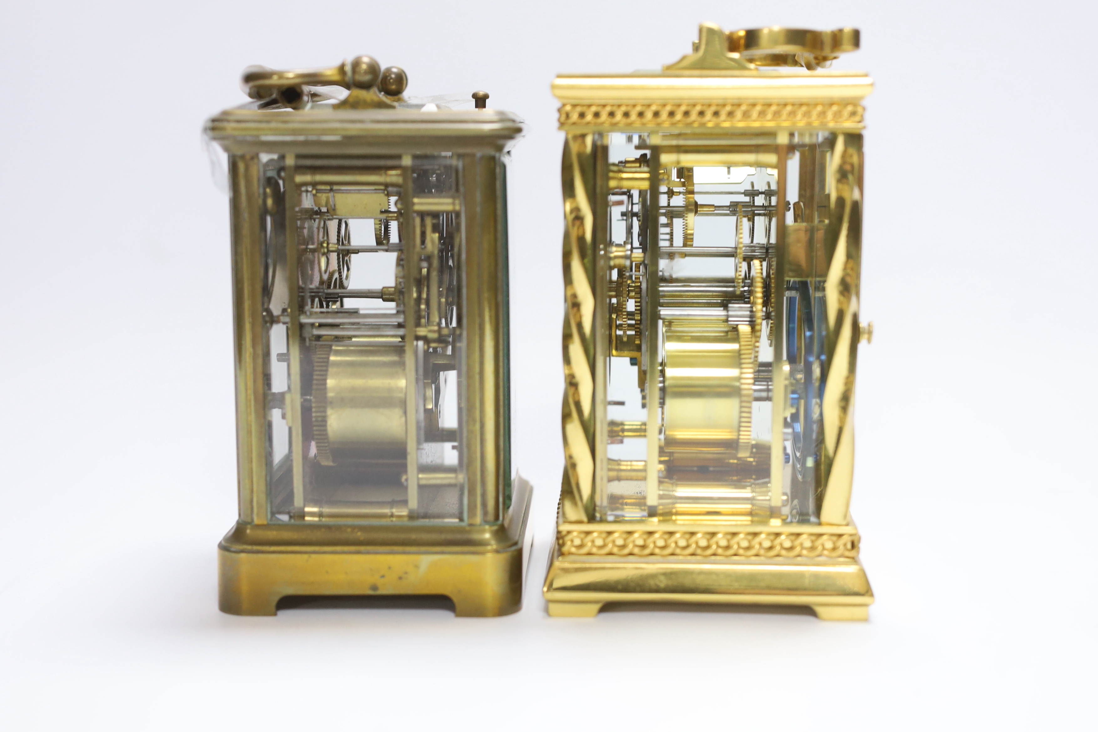 A French gilt brass cased carriage clock with twisted column supports, together with a further carriage clock, tallest 14cm (2)